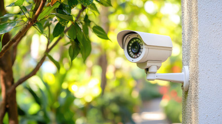 A sleek outdoor security camera installed on a wall, surrounded by lush greenery. This high-tech device offers effective surveillance while blending into a peaceful garden setting.の素材