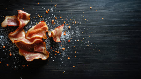 An artistic arrangement of crispy bacon strips sprinkled with sea salt on a dark wooden surface. Perfect for showcasing gourmet breakfast or snack ideas.の素材