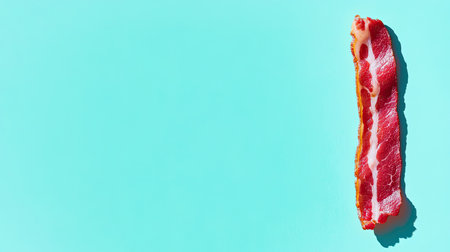 A single crispy bacon strip isolated against a vibrant turquoise background, showcasing its rich texture and appetizing colors, perfect for culinary use.の素材