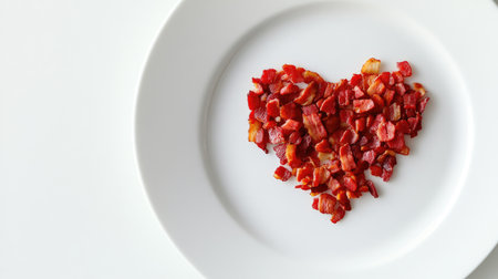 This delightful image features a heart-shaped arrangement of diced cooked bacon beautifully placed on a pristine white plate, embodying love for food.の素材