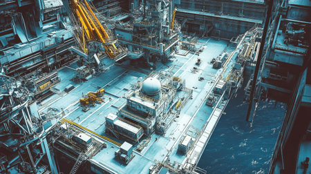 Stunning aerial view of an offshore oil platform surrounded by ocean waters, showcasing industrial machinery and advanced equipment. Ideal for energy sector visuals.の素材