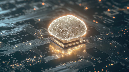 Unique visualization of a digital brain concept sitting on a microchip, symbolizing advanced technology and artificial intelligence within a vibrant circuit board setting.の素材
