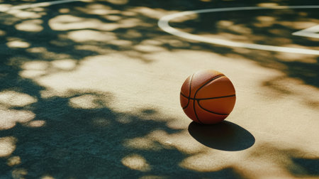 A solitary basketball rests on the court, illuminated by soft sunlight, with tree shadows creating a dynamic pattern on the ground. Ideal for sports themes.の素材