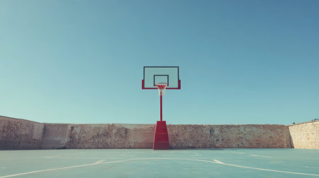 An empty basketball court with a vibrant red hoop stands against a clear blue sky. Perfect for showcasing sports, fitness themes, or urban landscapes.の素材