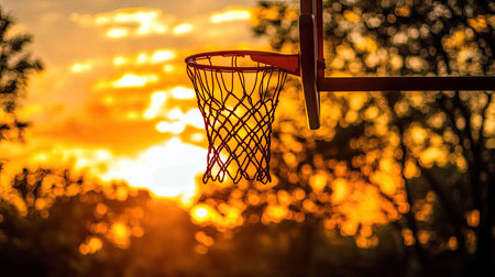 A stunning silhouette of a basketball hoop against a vibrant sunset sky, showcasing warm colors and a tranquil outdoor atmosphere perfect for sports.の素材