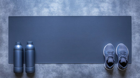 A top-down view of a yoga mat with sneakers and water bottles, representing a fitness environment. Perfect for wellness, exercise, and training themes.の素材