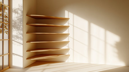 A serene interior scene showcasing a wooden shelf bathed in warm sunlight, casting gentle shadows on a minimalistic wall, evoking a sense of tranquility and simplicity.の素材