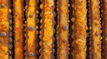 A detailed close-up of a rusty metal surface showcasing vibrant orange and brown tones, highlighting the beauty of decay and industrial textures.の素材