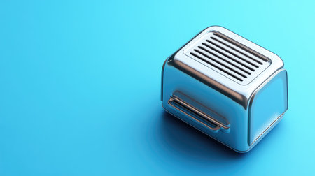 This sleek metallic toaster stands out against a vibrant blue background, ideal for modern kitchens. Perfect for showcasing culinary technology and style.の素材