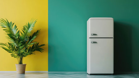 A modern kitchen scene featuring a retro refrigerator beside a vibrant green wall and a stylish plant in a pot, creating a fresh and inviting atmosphere.の素材