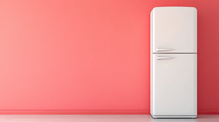 A white refrigerator stands prominently against a vibrant coral wall, adding a touch of modern elegance to any kitchen space, emphasizing minimalistic design.の素材
