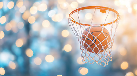 A dynamic image showing a basketball at the moment of scoring through a hoop, set against a soft bokeh background that adds a vibrant touch.の素材