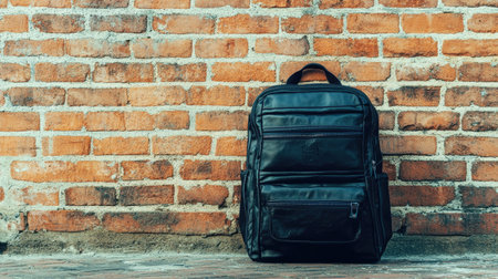 A sleek black leather backpack positioned against a rustic brick wall, showcasing a perfect blend of urban style and practical design for everyday use.の素材