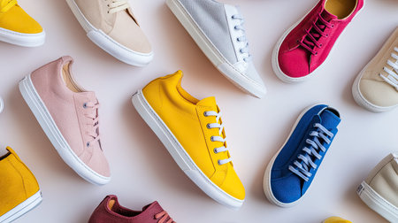 A vibrant array of casual sneakers in various colors arranged artistically on a light background. Perfect for showcasing trendy footwear styles.の素材