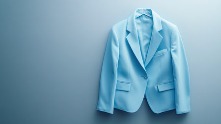 An elegantly styled light blue suit jacket displayed against a soft gray background, perfect for showcasing contemporary fashion trends in clothing.の素材