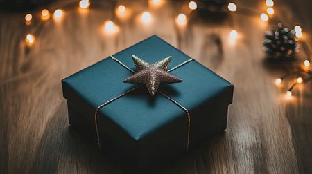 A beautifully wrapped black gift box adorned with a sparkling star sits on a wooden surface, surrounded by warm glowing lights, creating a festive and cozy atmosphere perfect for holiday celebrations.の素材