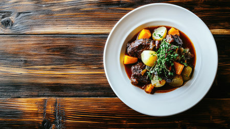 Experience the warmth of a savory beef stew featuring tender meat and colorful vegetables, beautifully presented on a rustic wooden table.の素材
