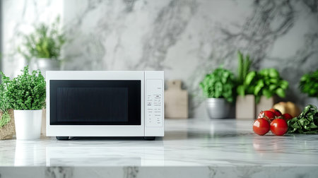 A sleek, modern microwave rests on a pristine kitchen countertop adorned with fresh herbs and ripe tomatoes, highlighting a stylish and functional cooking space.の素材