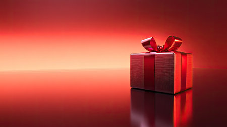A stunning red gift box adorned with a luxurious ribbon sits elegantly on a reflective surface, creating a warm and inviting atmosphere perfect for celebrations.の素材