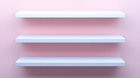 This image features three minimalist white floating shelves placed against a soft pink wall. Ideal for showcasing decor or art in modern interiors.の素材