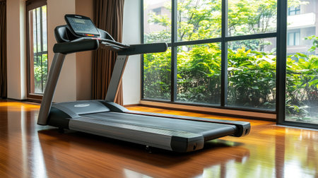 A sleek modern treadmill positioned in a bright indoor area features large windows that showcase vibrant greenery, promoting an active and healthy lifestyle.の素材