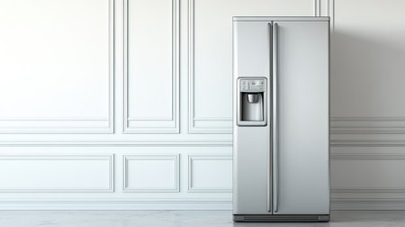 Sleek modern stainless steel refrigerator sits against a white wall, highlighting contemporary kitchen design. Ideal for home appliance collections or interior decor themes.の素材