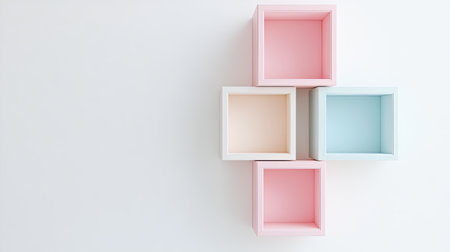 A visually appealing flat lay of pastel wooden boxes arranged in a minimalist style. Ideal for creative projects, home decor, and artistic presentations.の素材