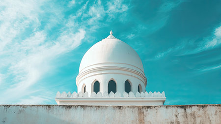 A stunning white dome structure contrasts beautifully against a vibrant blue sky filled with soft clouds, showcasing intricate architectural details and a serene atmosphere.の素材