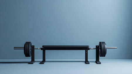 A sleek black weight bench equipped with a heavy barbell, positioned against a simple blue background, ideal for showcasing fitness and strength training concepts.の素材