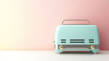 A stylish mint green toaster sits against a soft pink wall, showcasing vintage elegance and modern charm. Perfect for kitchen decor and culinary themes.の素材