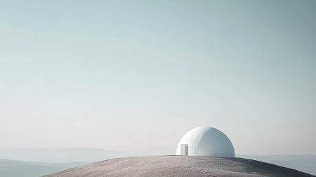 A minimalist white dome structure stands alone on a serene hilltop, surrounded by gentle landscapes. The scene captures tranquility and simplicity, perfect for design inspiration.の素材