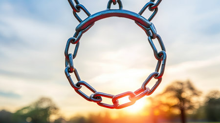 A circular chain link frames a stunning sunrise, casting warm light over a serene landscape. The soft clouds enhance the tranquil atmosphere.の素材