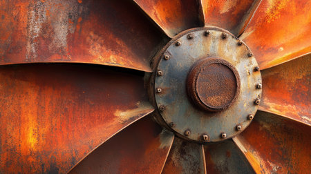 Close-up view of a rusty industrial fan blade showcasing its detailed weathered metal texture. This image captures the beauty of aging machinery in an industrial setting.の素材