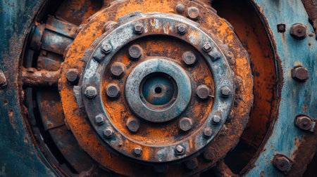 A close-up image of a rusty gear mechanism showcasing intricate details and textures, embodying an industrial aesthetic perfect for technology-related projects.の素材