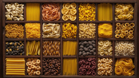 A vibrant collection of various uncooked pasta types arranged in a wooden tray. Ideal for culinary themes or food-related projects.の素材