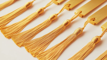 These elegant gold bookmarks feature intricate tassels, perfect for enhancing your reading experience or as a beautiful gift for book lovers.の素材
