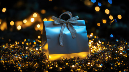 A beautifully wrapped gift box shines amidst shimmering lights, creating a warm, festive atmosphere perfect for seasonal celebrations and joyful moments.の素材