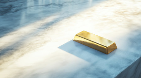 A stunning golden bar rests on a smooth marble surface, illuminated by soft lighting, symbolizing luxury and wealth in a contemporary setting.の素材