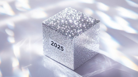 A glittering silver cube featuring the year 2025, surrounded by sparkles and reflections. Perfect for themes of celebration, innovation, and future aspirations.の素材