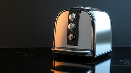 A sleek and modern chrome toaster positioned on a black marble surface. The soft lighting highlights its polished finish, making it an ideal kitchen appliance for stylish home cooking.の素材