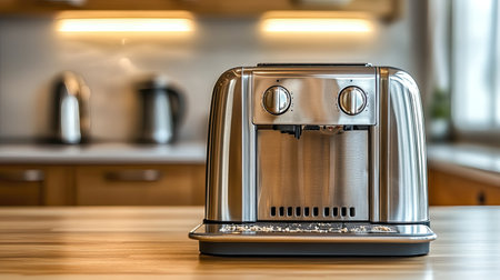 A sleek espresso machine sits elegantly on a wooden countertop in a cozy kitchen, perfect for brewing fresh coffee. This modern appliance adds style and functionality to any home.の素材