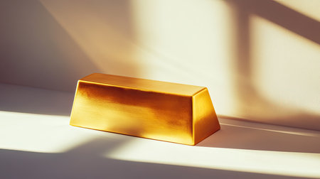 A gleaming gold bar rests on a white surface, illuminated by soft sunlight, creating a serene and elegant scene. The interplay of light and shadow enhances its luxurious appeal.の素材