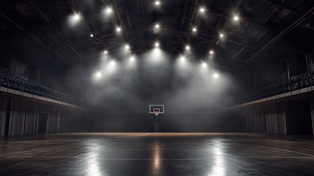 An atmospheric indoor basketball court with dramatic lighting and fog, creating a striking setting for sports. Ideal for themes of competition and training.の素材