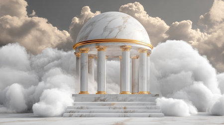 This elegant marble temple features golden accents and majestic columns, surrounded by soft, fluffy clouds. It evokes a serene and tranquil atmosphere.の素材