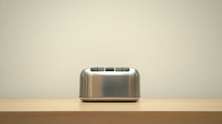 A sleek stainless steel toaster sits elegantly on a wooden countertop, showcasing modern design. Ideal for kitchen-related themes and home decor presentations.の素材