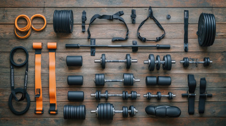High-quality flat lay image showcasing a variety of gym equipment arranged neatly on a wooden surface. Perfect for fitness and exercise themes.の素材
