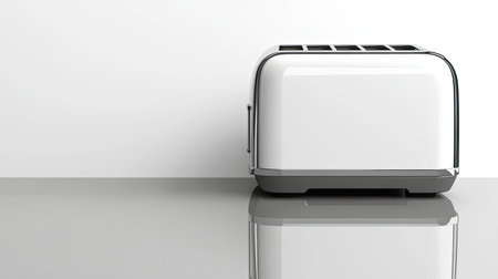 A sleek modern white toaster lies on a reflective surface, showcasing minimalist design. This image captures the essence of contemporary kitchen appliances, perfect for illustrating culinary themes.の素材