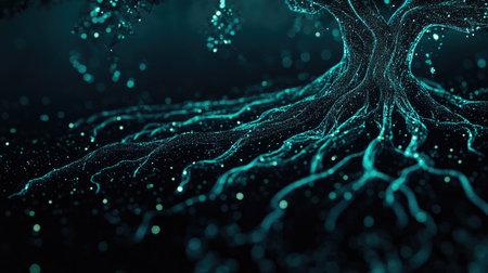 Discover a captivating scene of tree roots illuminated by ethereal light, surrounded by sparkling particles, creating a mystical and tranquil atmosphere in nature.の素材