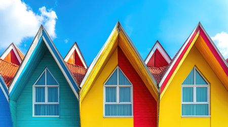 This image showcases a vibrant row of colorful houses with distinct rooflines under a bright blue sky, creating an uplifting and cheerful atmosphere.の素材