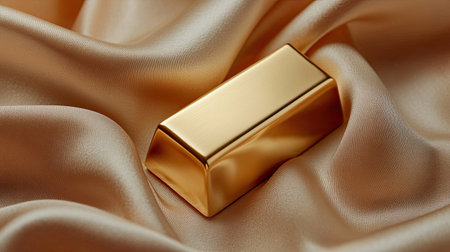 A stunning golden bar rests elegantly on smooth silk fabric, showcasing luxury and wealth. The soft, reflective surface enhances the beauty and richness of the scene.の素材